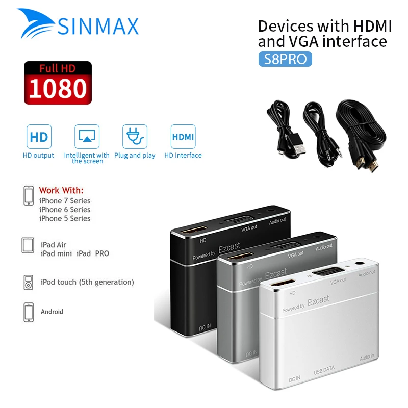 EZCast S8PRO ТВ ключ HDMI/VGA + аудио конвертер Цифровой AV адаптер 3 в 1 USB HD дисплей