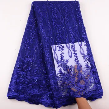 

Latest African Lace Fabrics Embroidered African Tulle French Lace Fabric With Stones 5 Yards A1423