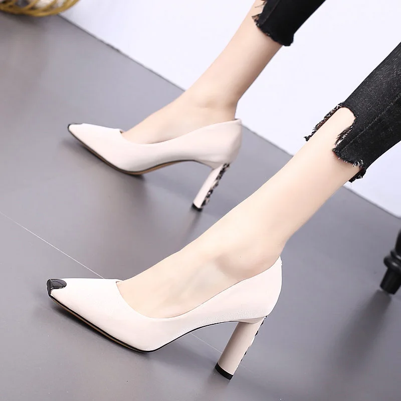 

High heels female Europe and the United States 2019 spring new metal square head thick with women's shoes shallow mouth sexy rhi
