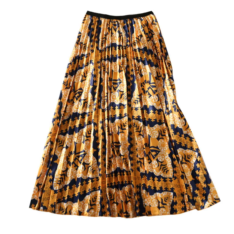 Женские винтажные юбки в европейском стиле, новые летние богемные юбки с высокой талией с принтом трапециевидной формы, большие качели, плиссированная женская Юбка-миди SP529