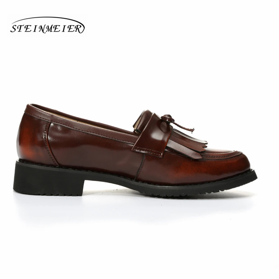 women flat casual shoes 100% genuine cowskin leather bow tassel black brown flat round toe handmade retro brogue handmade shoes Women's Shoes