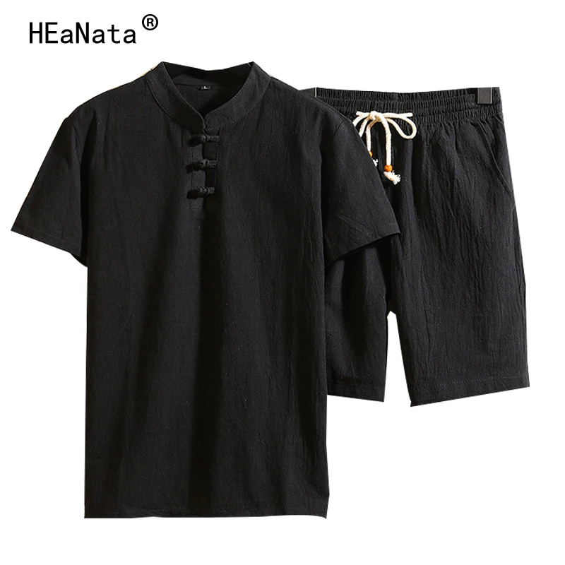

T-Shirts+Shorts Linen Chinese Style Summer Tracksuit Brand Set Men Sportsuit Breathable Casual Beach Set M-5XL T-shirt Suit
