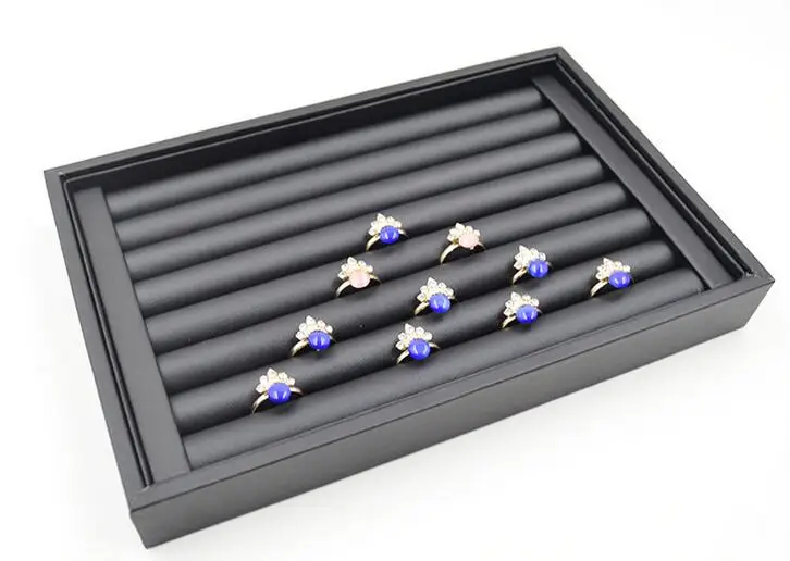 SZanbana 7 Slots Velvet Ring Earrings Trays Showcase Display Jewelry Organizer Box Jewelry Tray Cufflink Storage - Цвет: PU Leather Black