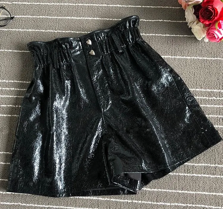2019 Spring autumn sheepskin leather Shorts Chic women's real leather high-waist wide-leg short trousers A596