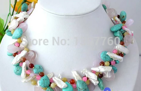 

Miss charm Jew.66 3ROW NATUREL turquoise jade crystal biwa pearl NECKLACE AAA