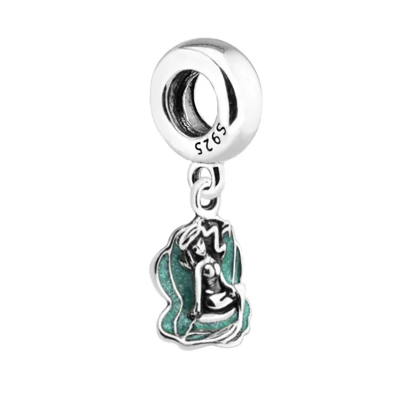 

Beads Ariel & Sea Shell 100% 925 Sterling Silver Green Enamel Charm Beads for Jewelry Making Fit Charms Bracelets DIY SF347