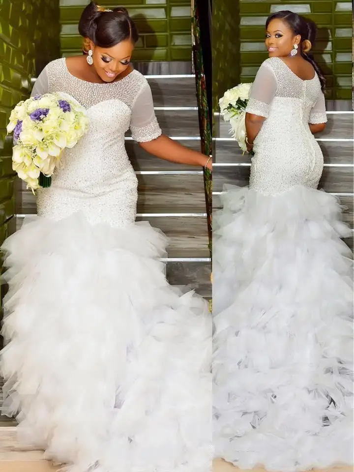 

Luxury Allover Top Beads Mermaid African Wedding Dresses Sweep Train Tulle Ruffles Short Sleeves Bridal Gowns