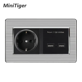 

Wall Socket EU Standard Power Outlet With Dual USB Smart Induction Charge Port For Mobile 5V 2.1A Stainless Steel Panel