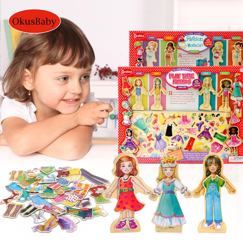 63 шт. набор деревянных магнитных платьев для девочек, Развивающие головоломки, игрушки для детей, ролевые игры, набор косметических игрушек