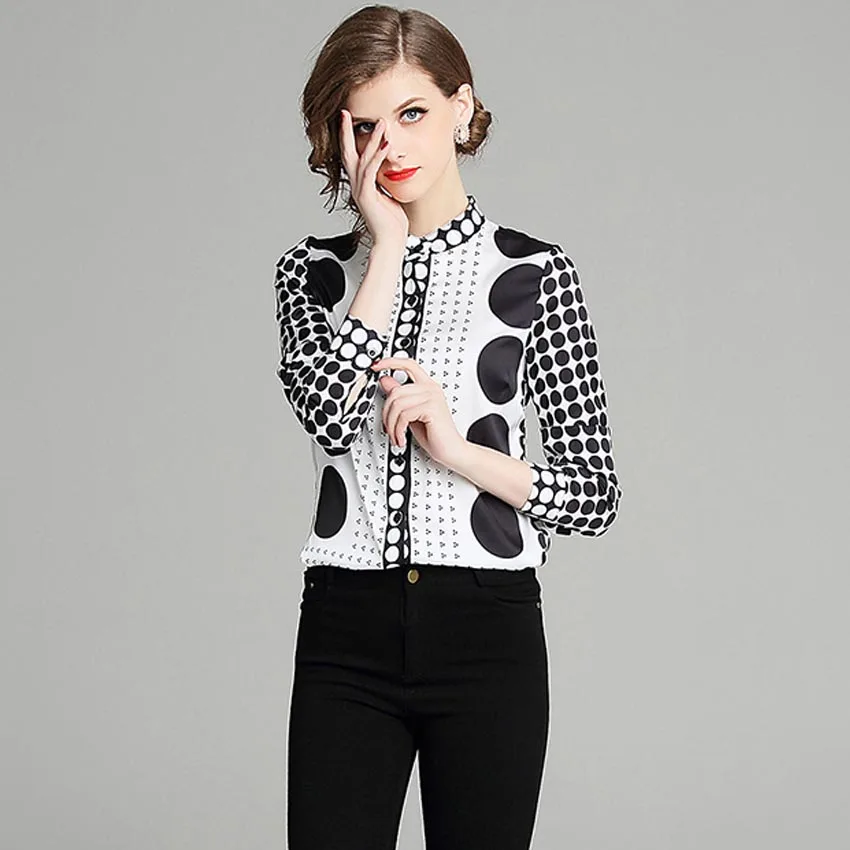  Women Autumn Runway Stand Collar Blouses Fashion New White Black Point Print Long Sleeves OL Shirt 