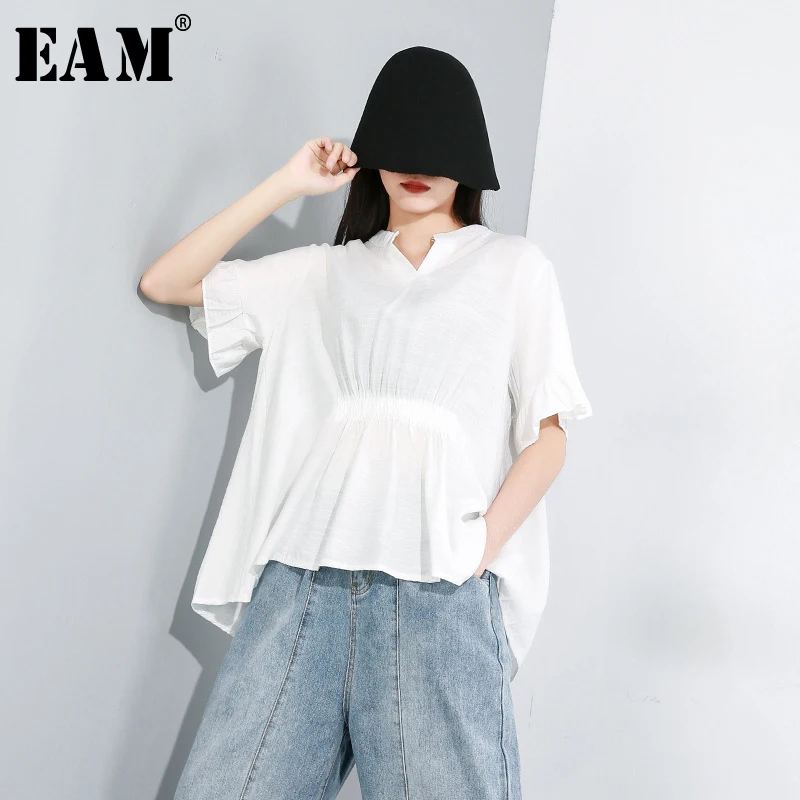 

[EAM] 2019 New Spring Summer Round Neck Short Sleeve Black Loose Pleated Split Joint Loose T-shirt Women Fashion Tide JX480