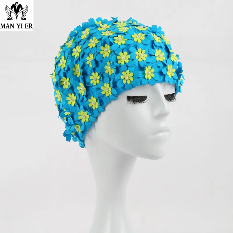 

New Brand Women 3D Petals Swimming Caps Fashional Long Hairs Ear Protection Large Hand-sewn bead sand Multi Colors Swim Cap