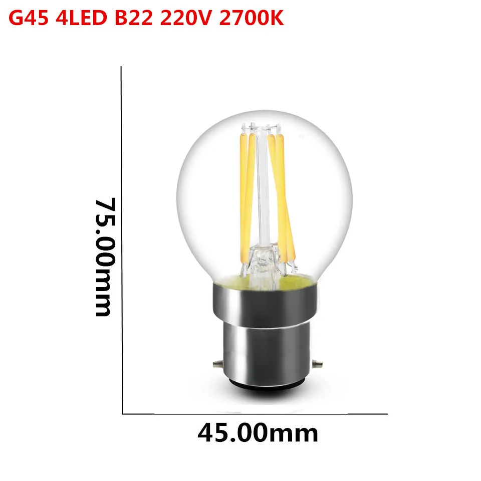 1 шт. светодиодный светильник накаливания E27 E14 2 Вт 4 Вт 6 Вт 8 Вт прозрачный Ретро светильник Эдисона лампа накаливания A60 G45 220 В AC супер яркий - Испускаемый цвет: G45 4LED B22 220V