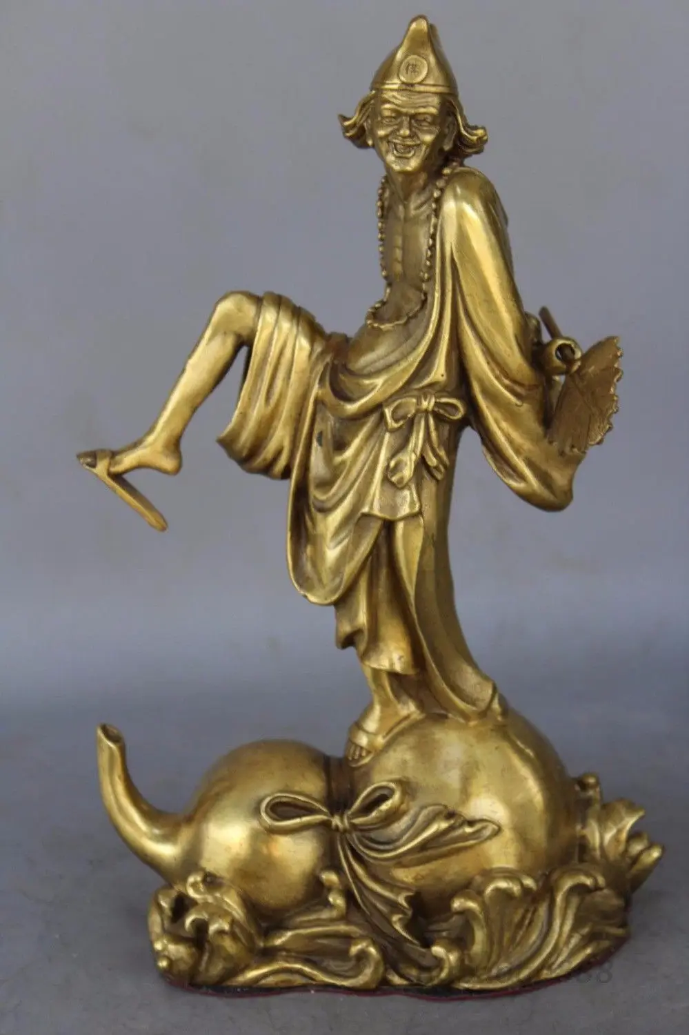 

Chinese Fengshui Copper Taoism Mad Monk Jigong Wine Buddha Gourd Statue