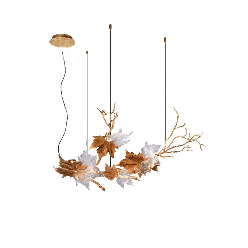 

Phube Lighting Artistic Copper Branches Pendant Light Transparent Grape Leaf Pendant Lustre Hotel Villa Club Lighting