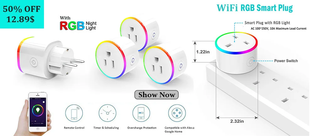 Умный ЕС США Великобритания вилка Wi-Fi управление розетка беспроводной таймер розетка выключатель с RGB Светодиодный Свет Голосовое управление работает с Alexa Google
