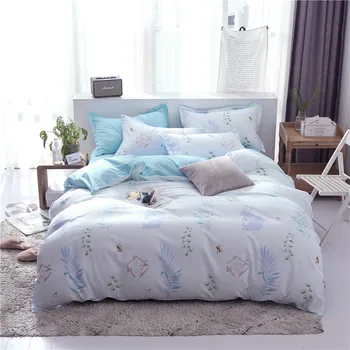 

4pcs Pastoral Style Bedding Sets Bed Duvet Cover Bedspread Pillowcase Blue Planting Flower Flamingo Printing Home Use Soft