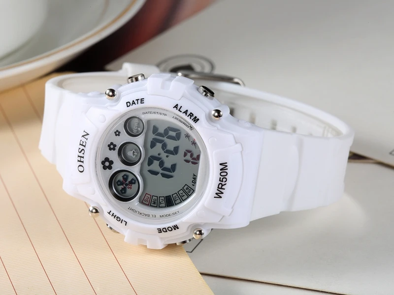 OHSEN, белые женские спортивные часы, пластиковый ремешок, светодиодный, цифровые наручные часы, желеобразный цвет, милые часы для женщин AS10