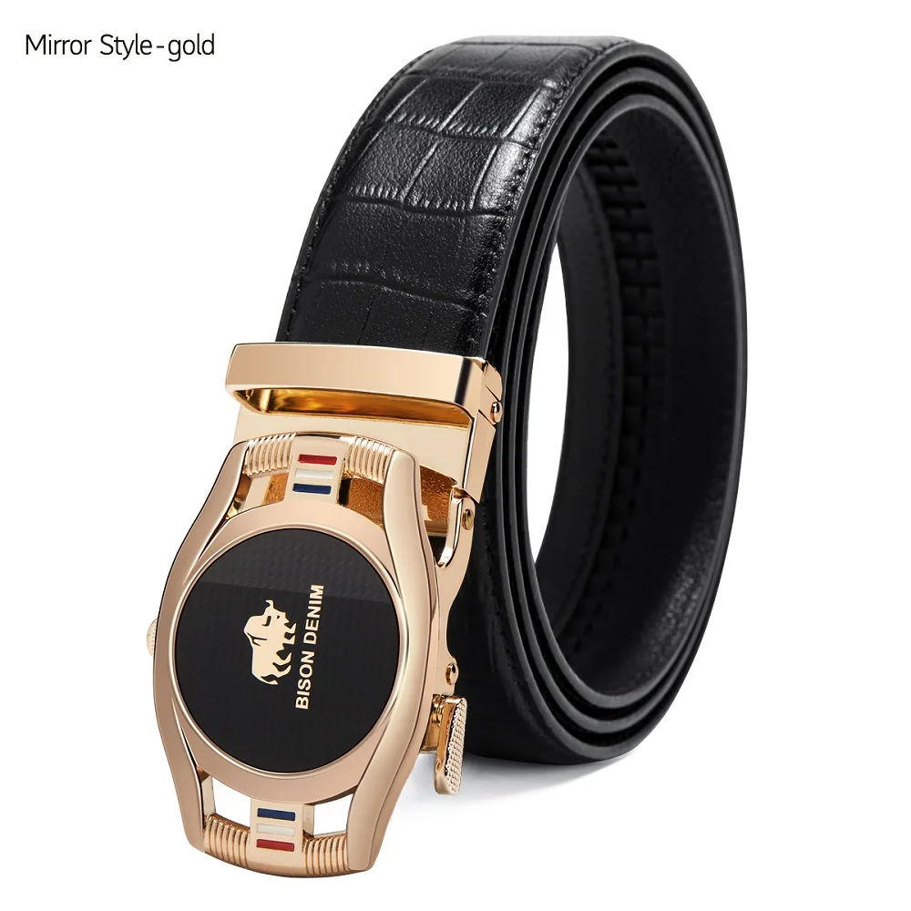 Mirro Gold Бренд BISON DENIM, модный мужской ремень с автоматической пряжкой, ремень из натуральной кожи, мужские ремни из коровьей кожи, ремни для мужчин N71446 - Цвет: Mirro Gold