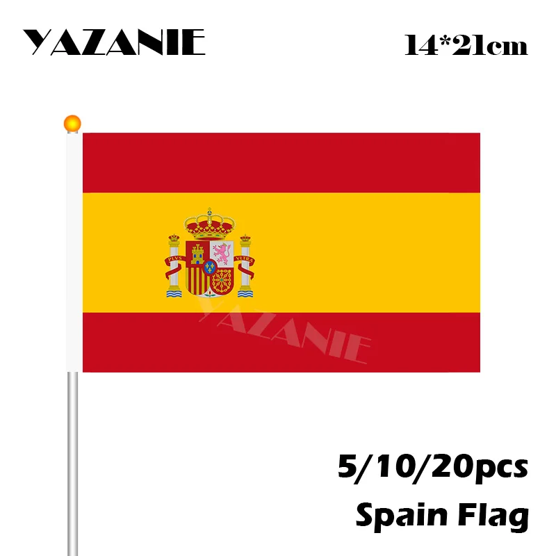 

YAZANIE 14*21cm 5/10/20pcs Spanish Flag Hand Waving World Cup Flag with Plastic Flagpoles Activity Parade Sports Home Decoration