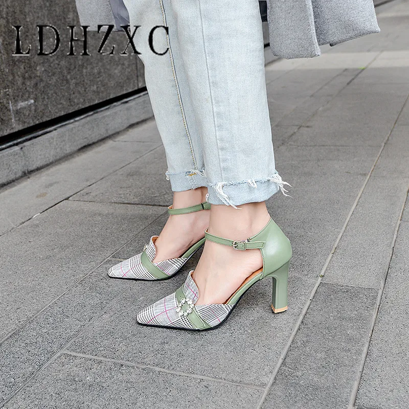 

LDHZXC Women Pumps Square High Heels Spring and Autumn PU Leather Pointed Toe Buckle Strap Pumps Women Shoes Size 34-45