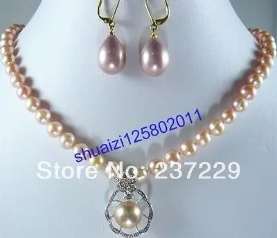 

Wholesale price FREE SHIPPING aFancy Pink Pearl Necklace Pendant and Earrings Set (A0423) -Bride jewelry free shipping