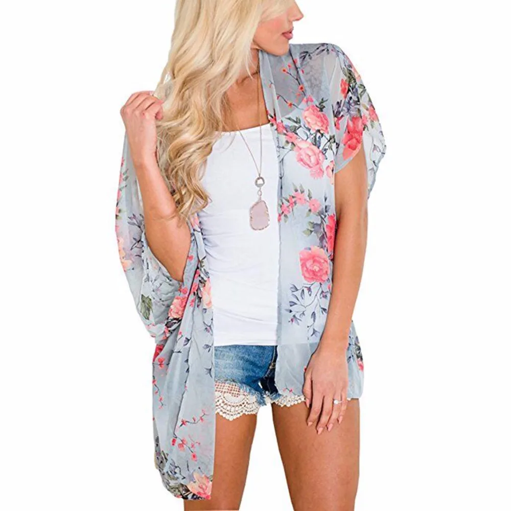 

2018 Summer Sunproof Drawstring Waist Cardigan Fashion Women Vintage Floral printing Chiffon Bikini Cover Up Kimono Cardigan XL
