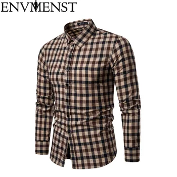 

Envmenst 2018 New Fashion Men's Wear Plaid Denim Shirt Classic Hole Casual Hem Chemise