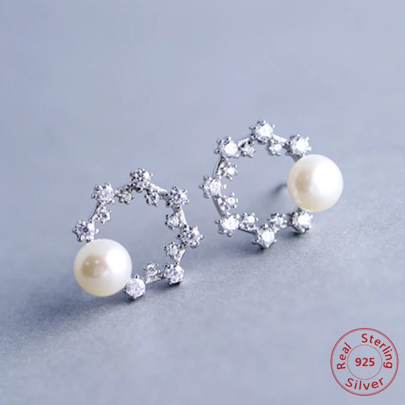 

2019 New 925 Sterling Silver Stud Earrings for Women Genuine Natural Freshwater Pearl Earrings Shiny Rhinestone Jewelry