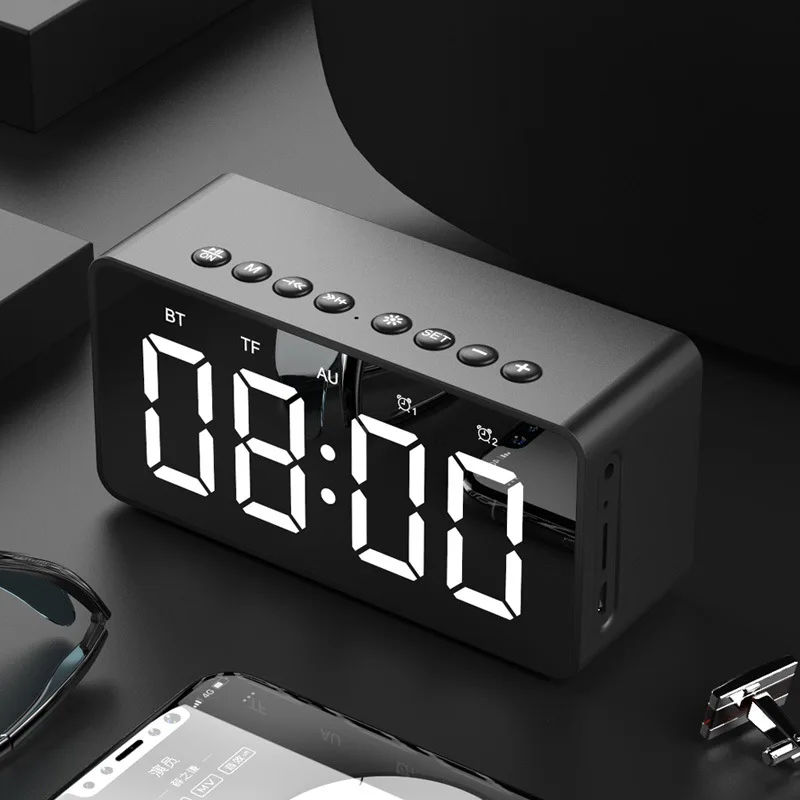 Bluetooth 5,0 портативный беспроводной светодиодный цифровой будильник стерео звук Bluetooth динамик, отображение времени поддержка TF AUX с Micphone - Цвет: black