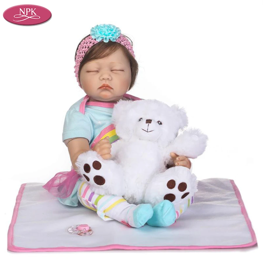 NPK 55CM Silicon Doll Lifelike Reborn Baby Girl Soft Cloth Body Realistic Babies Dolls + White Bear Stuffed Toys Children Gifts (7)