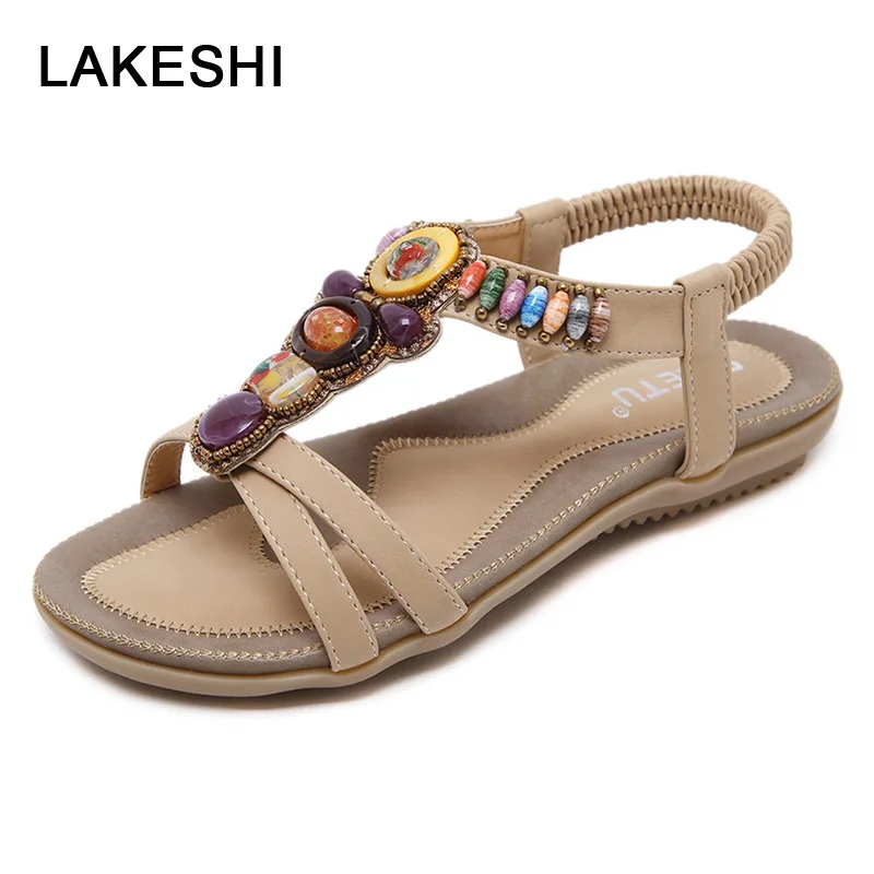 

LAKESHI Women Sandals Summer Beach Sandals 2019 New Flip Flops Women Flat Sandals Bohemian Beaded Soft Ladies Sandals Size 44 45