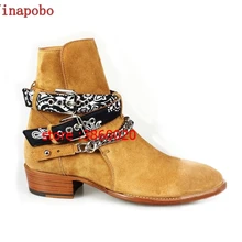 Черные кожаные ботинки челси мужские замша сапоги с острым носком и с пряжкой; повседневная обувь; короткие ботинки с металлическими Щепка цепи вечерние мужские ботинки Sapatos Muje