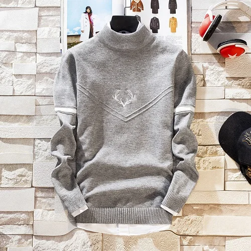 Keep Warm Pullover Men New Hip Hop Sweater With Deer Printed Mens Christmas Sweaters Turtleneck Slim Fit pull homme - Цвет: Серый