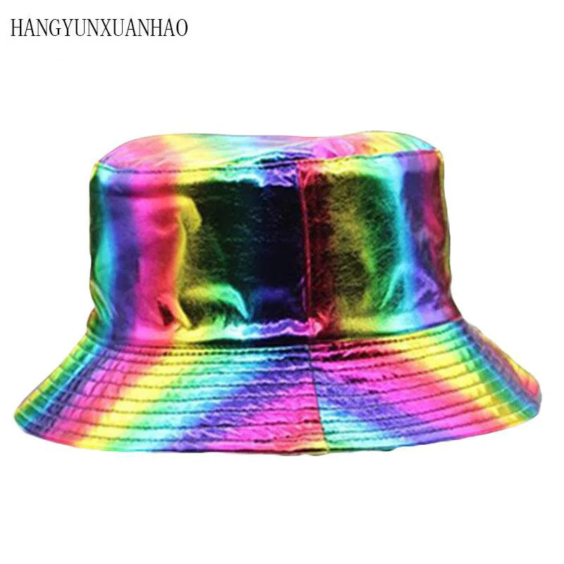 

2019 Spring Summer Women Men Silver Color Shiny Metallic Laser Leather Panama Foldable PU Leather Fisherman Hat Bucket Hats