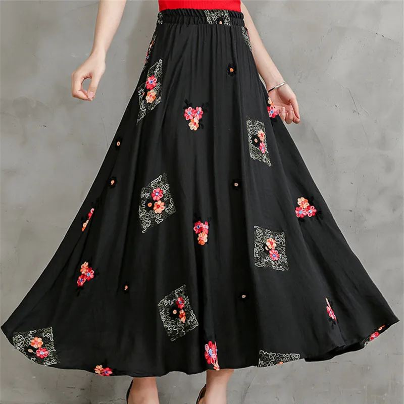 Хлопчатобумажная льняная юбка для женщин весна лето мода вышивка высокая талия юбка женский эластичный пояс большая качающаяся длинная юбка
