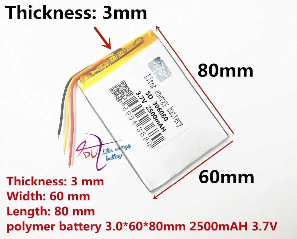 Free shipping 306080 2500 mah love landing PDA smart tablet computer 3.7 v polymer 3 line