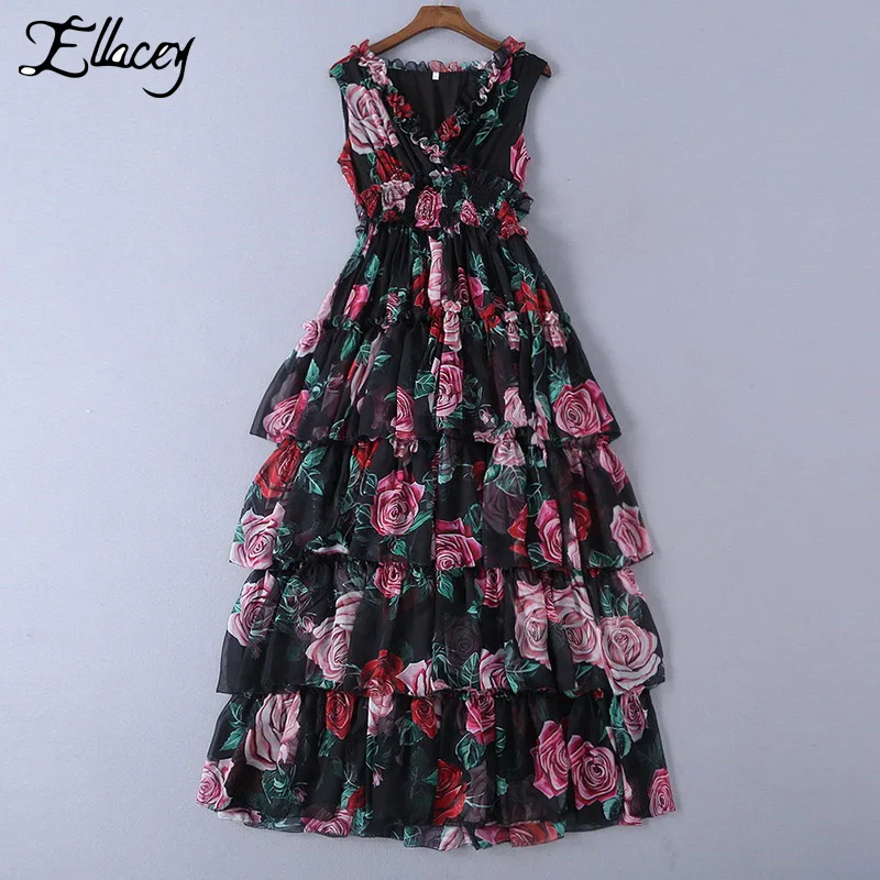 

Catwalk Brand Luxury Design Floral Dress Silk High-end Women's 2019 Summer Long Party Dress Rose Printed Ruffles Maxi Dress