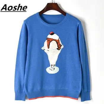 

Aoshe pull femme 2018 Design Ice Cream Jacquard Casual Cute Lady Knit Sweater Women Pullover Jumper Winter Warm Knitwear