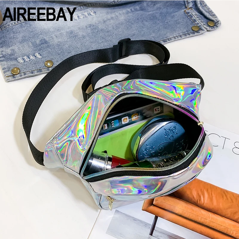 AIREEBAY النساء الخصر حقيبة جديد العلامة التجارية للماء الصدر يد للجنسين الفضة حزمة مراوح السيدات الوردي الخصر حزمة البطن أكياس محفظة
