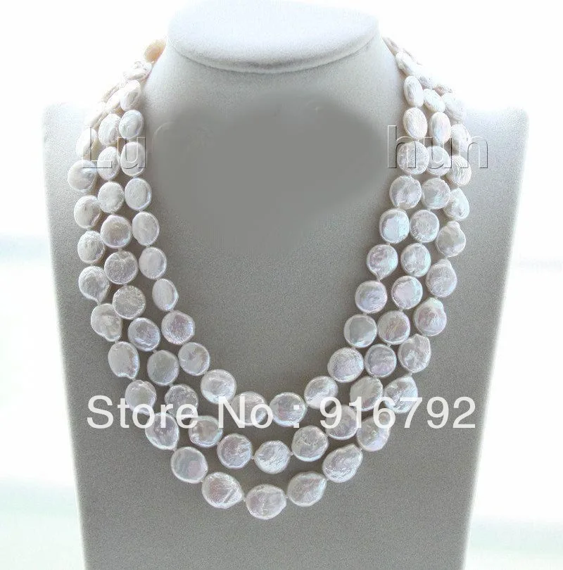

free shipping >>>>>adjustable 15.5"-17.5" 3row 12mm coin fastener white pearls necklace