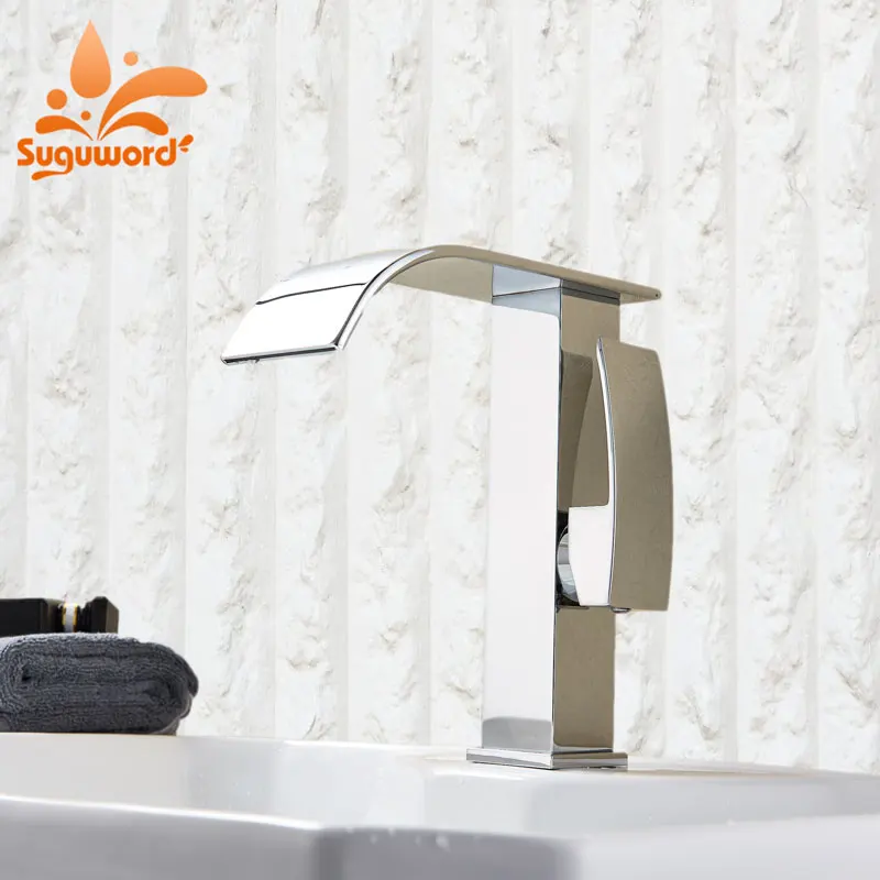 

Suguword Chrome Basin Faucet Hot and Cold Water One hole Wide Spout Single Handle