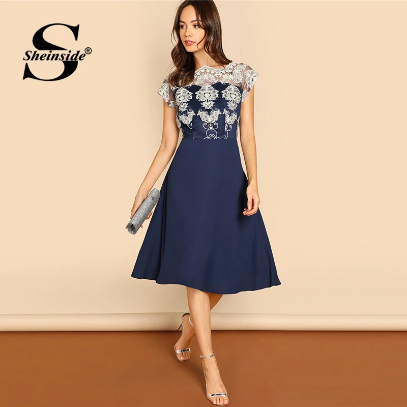 

Sheinside Navy Embroidered Mesh Bodice Fit & Flare Summer Dress 2018 Ladies Elegant Party Dresses For Women A Line Midi Dress