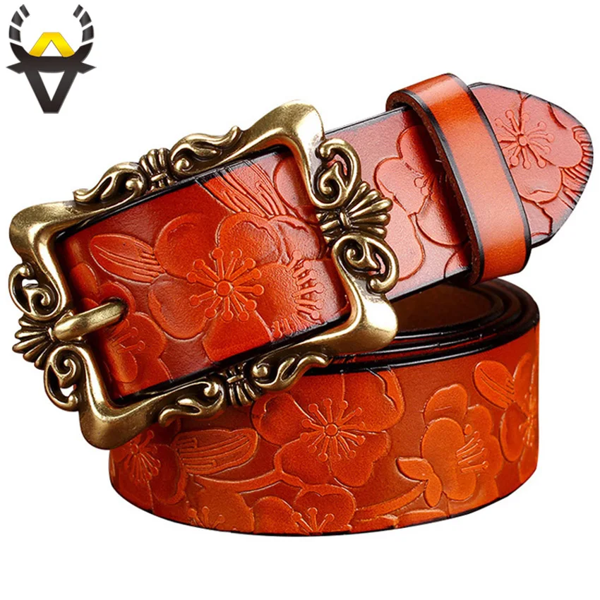 Fashion Wide Genuine leather belts for women Vintage Floral Pin buckle Woman belt High quality ...