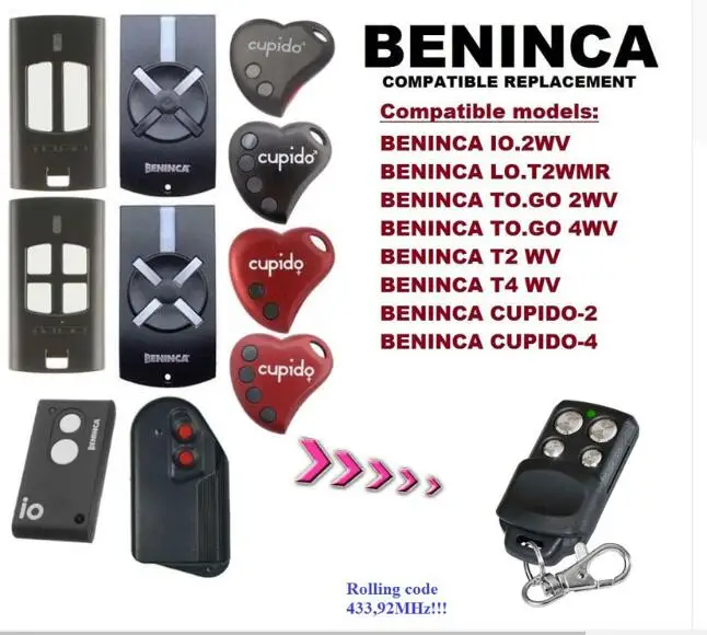 

Automatic garage door compatible remote BENINCA CUPIDO rolling code GOOD