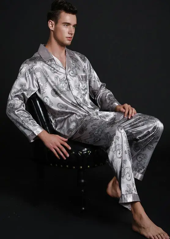 Новые высококачественные, 2 шт., китайские мужские атласные шелковые пижамы, комплекты, пижама с длинным рукавом, костюмы, повседневная одежда для сна, рубашка+ штаны, L, XL, 2XL - Цвет: As picture show