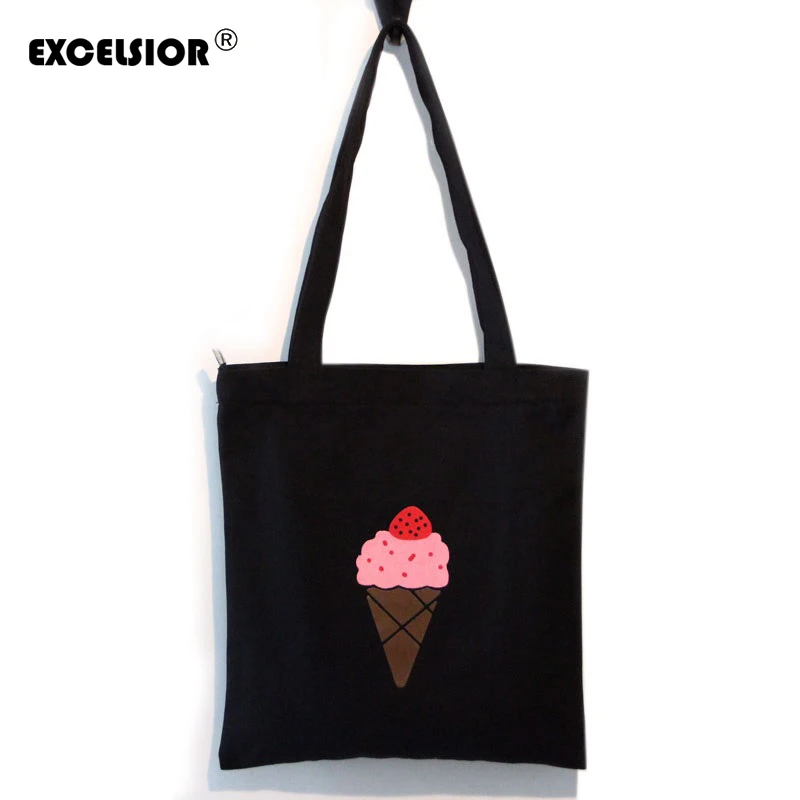 EXCELSIOR Hot Design Ice Cream Pattern Tote Canvas Shopping Bag Foldable Zipper Handbag Beach ...