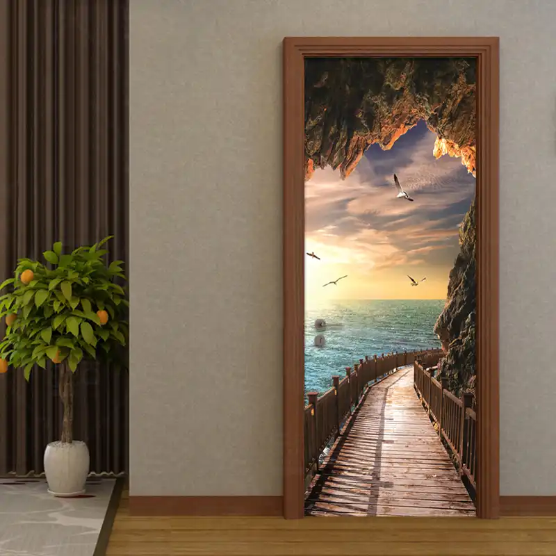 ПВХ самоклеющиеся водонепроницаемые Настенные обои 3D Приморский Пейзаж наклейки на дверь современные креативные DIY наклейки для гостиной спальни s - изображение