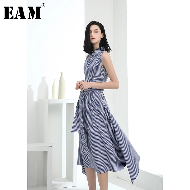 

[EAM] 2019 New Spring Summer Turn-down Collar Sleeveless Irregular Striped Bandage Temperament Dress Women Fashion Tide JX169