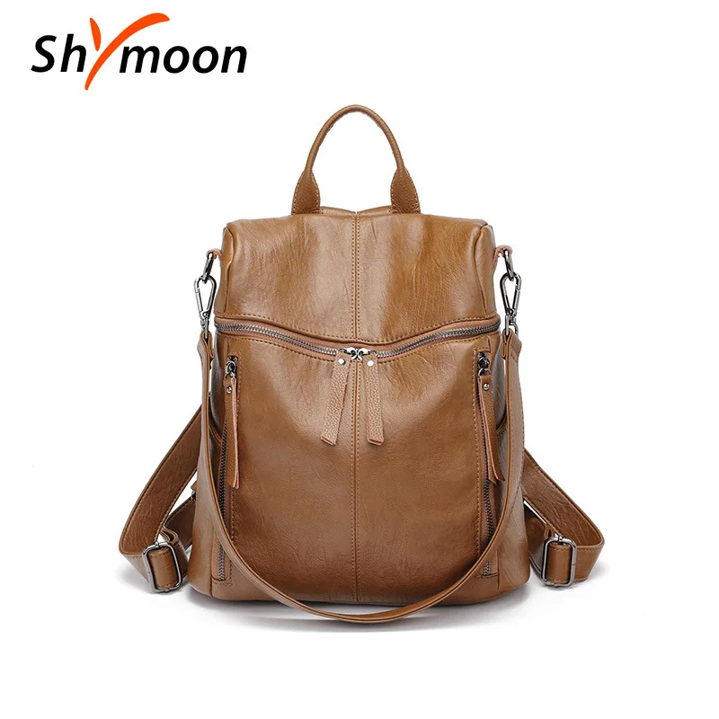 SHYMOON Women Backpacks Fashion Waterproof Travel Backpack Leather School Bags For Girl Feminine Multifuctional brown Mochila | Багаж и